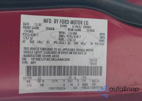 2008 Ford Explorer Eddie Bauer z USA, uszkodzony, nr VIN 1FMEU74E38UA66356